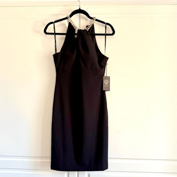 NWT Vince Camuto gold color chain halter neck mini cocktail dress in black Size - Picture 9 of 16